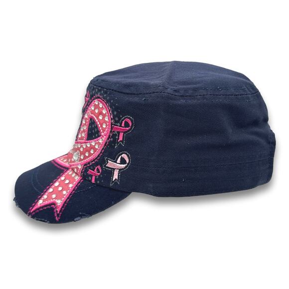 Pink Ribbon Army Cadet Hat Rhinestone French Round Bill BDU Baseball Castro Cap - Picture 3 of 6